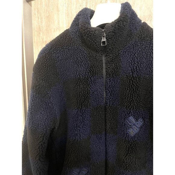 Louis Vuitton Checkered Navy & Black Sherpa Jacket Mens Full-Zip Embroidered Log - Picture 4 of 14